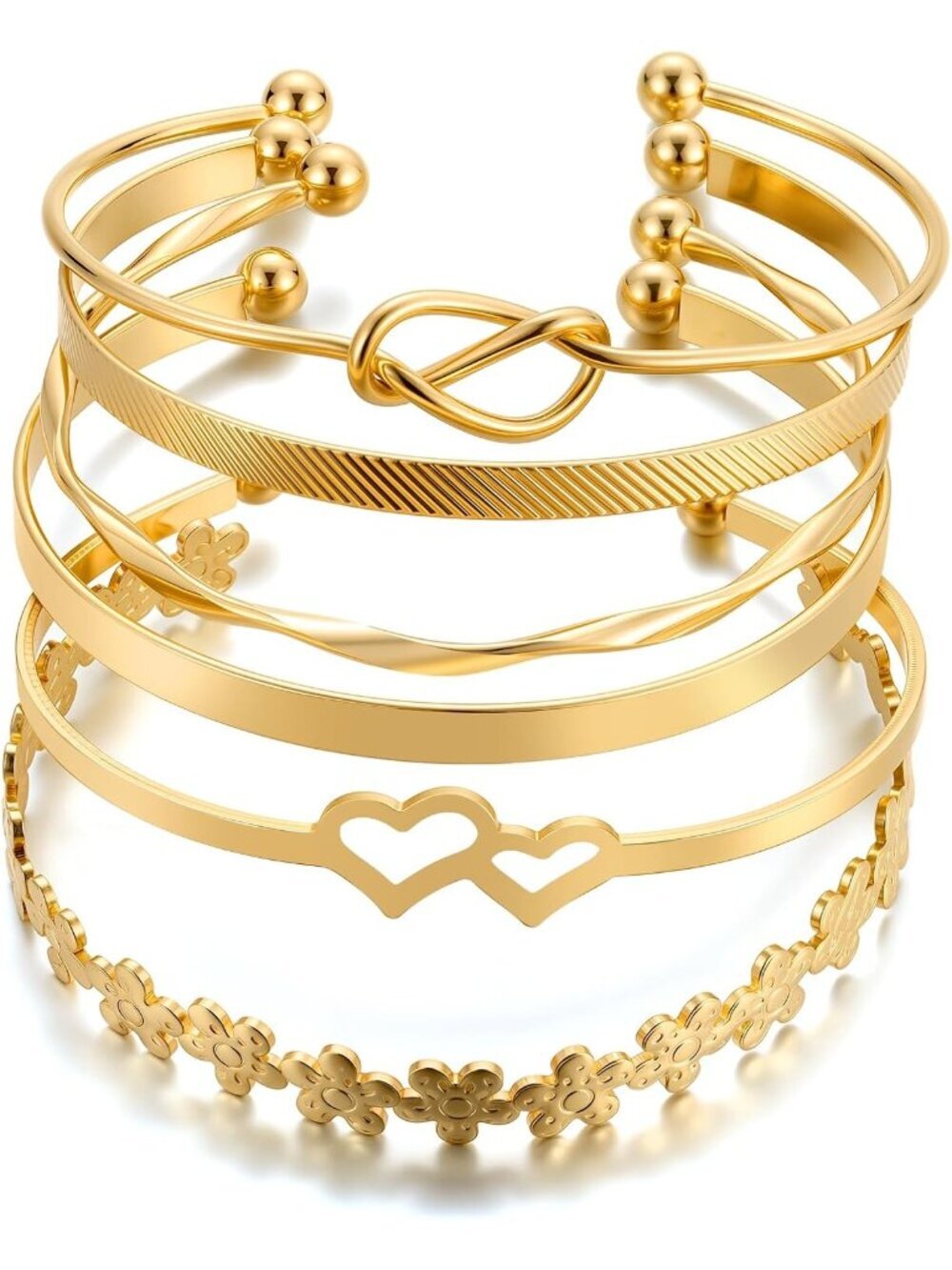 Women's Bangles Set, Multi Layer Textured 14k Gold Plated Chunky Heart Bracelet